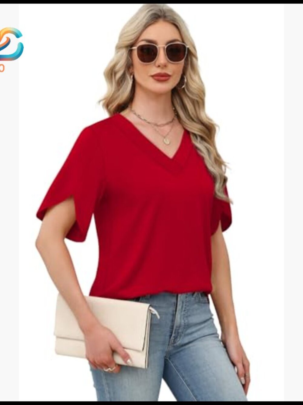 Petite V-Neck Peasant Top with Split Petal Sleeves, Lightweight Polyester Blend - Picture 4 of 7